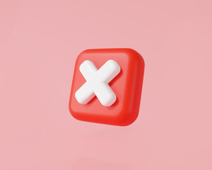 Obraz premium 3d red wrong mark icon in a square isolated on pink background. Cross symbol, Blot and ban icon, wrong, rejection, incorrect and disapproval, Against and refusal. 3d minimal rendering illustration