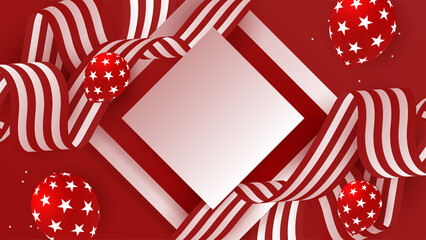 Fototapeta premium USA flag background. American flag waving in the wind vector illustration. Happy 4th of July stars balloons fireworks - Independence Day USA red background for celebration poster template