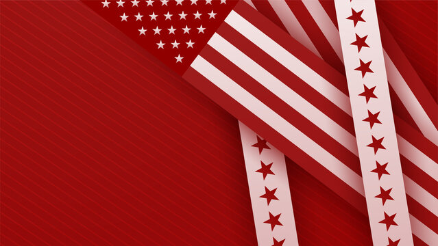 USA flag background. American flag waving in the wind vector illustration. Happy 4th of July stars balloons fireworks - Independence Day USA red background for celebration poster template