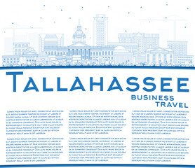 Outline Tallahassee Florida City Skyline with Blue Buildings and Copy Space.