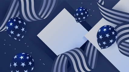 Fototapeta premium USA flag background. American flag waving in the wind vector illustration. Happy 4th of July stars balloons fireworks - Independence Day USA blue red background for celebration poster template