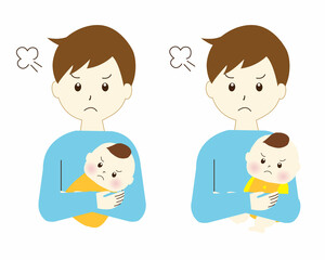 赤ちゃんを抱っこして怒っているお父さんのイラスト素材