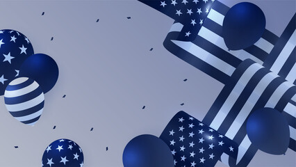 Naklejka premium USA flag background. American flag waving in the wind vector illustration. Happy 4th of July stars balloons fireworks - Independence Day USA blue red background for celebration poster template