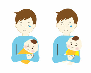赤ちゃんを抱っこして泣いているお父さんのイラスト素材