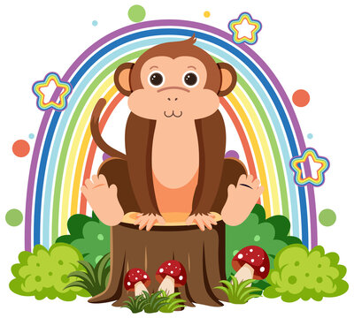 Cute monkey on stump in flat cartoon style