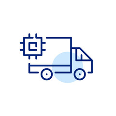  Delivery truck equipped with CPU chip. Pixel perfect, editable stroke line art icon