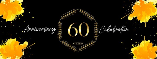 60 years anniversary logotype. Poster design for the ceremony, birthday party, wedding and etc. Ink splashes with gold floral frame and elegant golden color isolated on black background. 