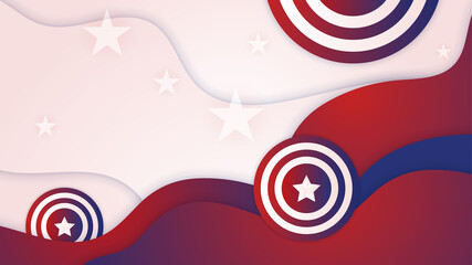 USA flag background. American flag waving in the wind vector illustration. Happy 4th of July stars balloons fireworks - Independence Day USA blue red background for celebration poster template