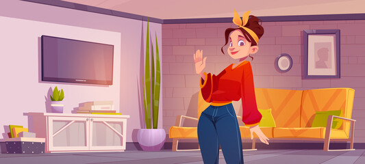 Woman in living room with couch, tv set and stand with books. Vector cartoon illustration of cozy house or apartment interior in rustic style and girl with hairband waving hand