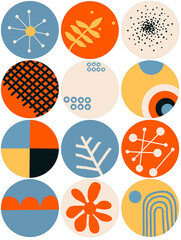 set of highlights covers in bright tones, mid century modern 50s design. blue orange and yellow shades. social media design.