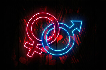 Venus and Mars Pink and Blue Gender symbol Neon Sign on a Dark Heart decorated Wooden Wall  3D illustration. © Jon Le-Bon