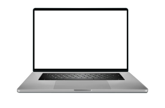 Laptop with blank screen on white background.
