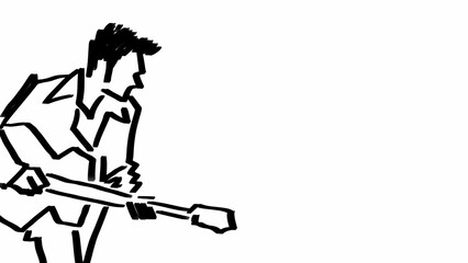 Image of a guitarist. Black drawing.  Rock musician. Rock'n'roll. Country performer. Illustration on a white background. Music. Playing guitar. Musical instrument. Looped.