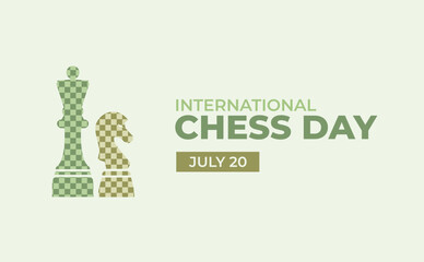 International Chess Day Poster with Yellow and Green Queen and Knight Pawn Chessboard Concept