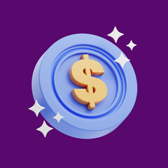 3d rendering of purple dollar coin currency cute icon illustration