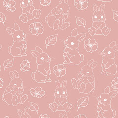 seamless spring pattern, Easter bunnies and blooming apple trees, one line, chalk, cute little hares, hand-drawn illustration, line graphics on a pink background. for printing on fabric or paper