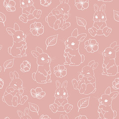 seamless spring pattern, Easter bunnies and blooming apple trees, one line, chalk, cute little hares, hand-drawn illustration, line graphics on a pink background. for printing on fabric or paper