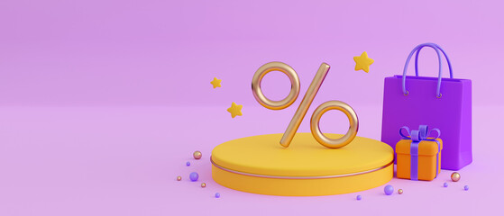 Realistic orange gift boxes with violet paper shopping bag and yellow podium with percent background. Concept of black friday or christmas sales, present or surprise. 3d high quality render