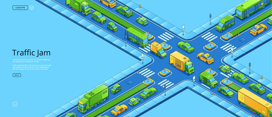 Traffic jam isometric web banner, city crossroad with cars at rush hour, crowded road with urban vehicles, zebra and signs at sidewalks. Busy automobile transportation, 3d vector line art illustration