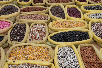 Legumes bean seed in sack, top view