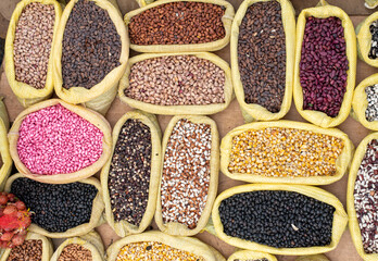 Legumes bean seed in sack, top view
