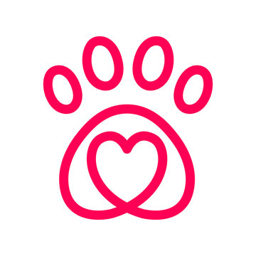 Dog Paw Love with heart shaped frame of dog tracks and trails. Dog or cat Love Heart with cute paw print vector illustration. Best used for pet care, pet friendly logo. A paw print in line vector.
