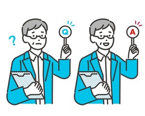 Q＆Aが書かれた棒を持つシニア男性のベクターイラスト素材／健康／終活／説明／質問