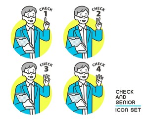 見出しなどに使えるシニア男性のベクターイラスト素材／健康／終活／説明／質問／チェック／ポイント