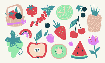 Summer fruits and berries. Summer mood set. Currants, raspberries, strawberries, watermelon, grapes. Basket with berries. Vector image.