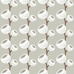 Seamless Pattern Design with abstract floral elements in neutral colors. White and brown flowers on light gray background.