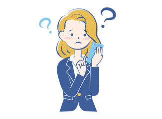 スマホを操作するスーツ姿の女性　困る　悩む　疑問　3c