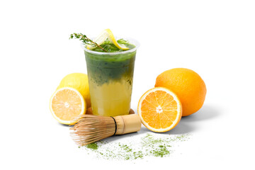 ice green tea lemon orange with matcha powder, Matcha bamboo whisk and Honey dipper isolated on white background. coffee shop cafe menu concept.