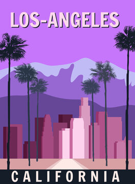 Los Angeles retro poster, downtown, cityscape. Vintage, scene California