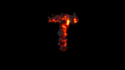 Fototapeta premium letter T made of very hot lava rocks on black, isolated - object 3D rendering