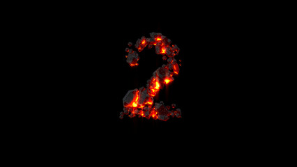 number 2 made of very hot lava rocks on black, isolated - object 3D rendering