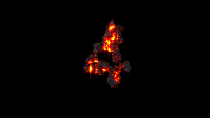 number 4 made of very hot fire rocks on black, isolated - object 3D illustration