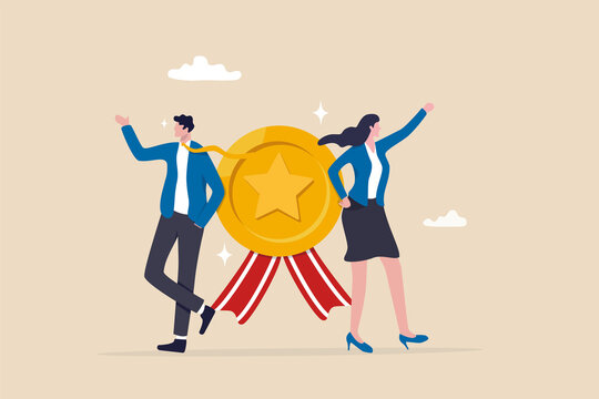 Professional or expert who success and win award, best office employee or specialist with skills to achieve goal concept, success businessman and businesswoman professional stand with star award.