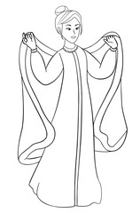 girl holding a cape in her hands, cartoon, outline