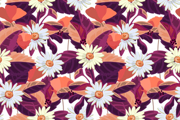 Vector floral seamless pattern. Daisies, orange and burgundy flowers and leaves on a white background.