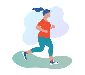 Jogging plump woman outdoors. Weight loss concept. Fatty girl running in sportswear. Morning jog in park. Flat vector illustration