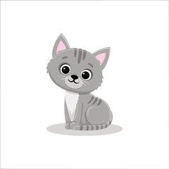 Gray cartoon kitten sits on a white background. Cute cat in cartoon style. 