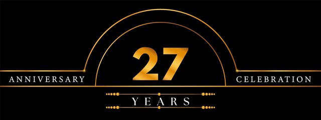 Naklejka premium 27 Anniversary Celebration Circle Gold Number Template Design. Poster Design For magazine, banner, happy birthday, ceremony, wedding, jubilee, greeting card and brochure.