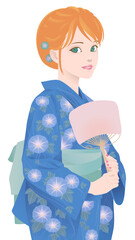 団扇を持つ朝顔柄の浴衣の女の子　タイプB