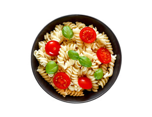 Fusilli pasta cooked with tomatoes and basil in dark gray bowl, top view, isolated on white background with clipping path..