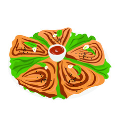 Plate with tasty samsas and sauce on white background