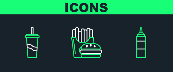 Set line Sauce bottle, Paper glass with drinking straw and water and Burger french fries carton package box icon. Vector