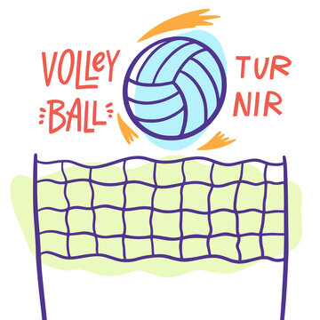 Volleyball hand drawn colorful cartoon style. Doodle vector illustration.