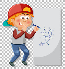 A young boy drawing on grid background
