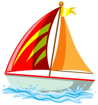 Red sailboat on the water in cartoon style