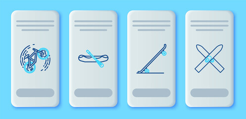 Set line Rafting boat, Skateboard, Bicycle trick and Ski and sticks icon. Vector